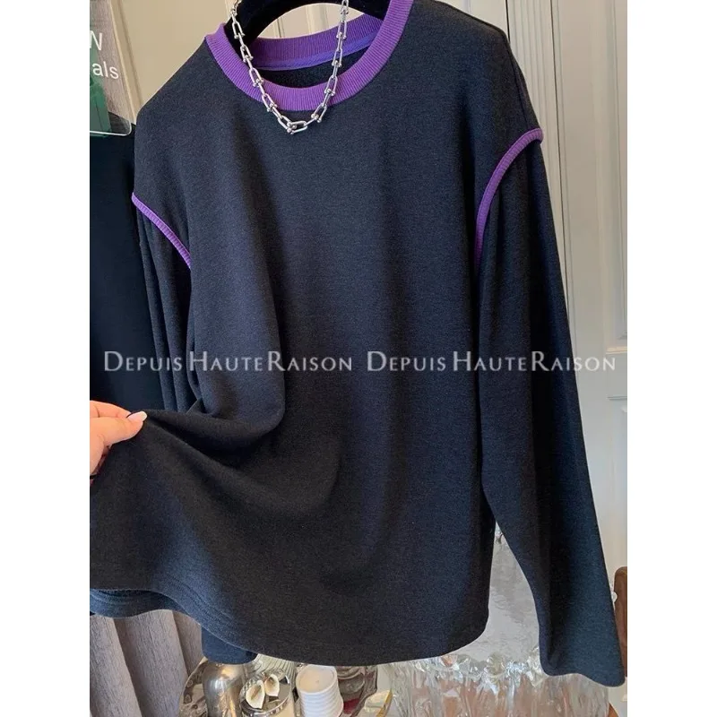 

Brushed Thickening Contrast Color Splicing Long-sleeved T-shirt Women's Autumn and Winter German Velvet Bottoming Shirt Top
