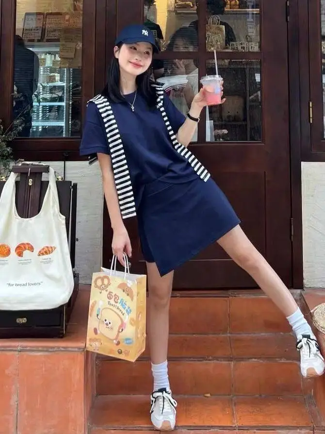

plus Size 300 Pounds Korean Style Shoulder T-Shirt Set Women's Summer Skirt Pants Anti-Aging Two-Piece Set Casual Fashion