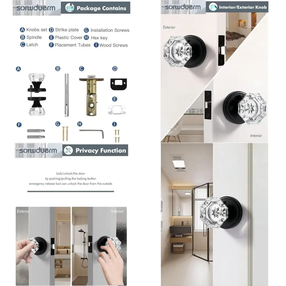 

Matte Black Zinc Alloy Crystal Interior Door Knob Set, 2-Pack for Privacy in Bedrooms & Bathrooms