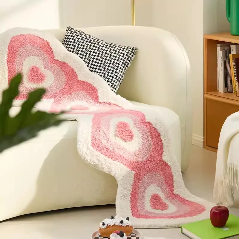 Long Tufting Pink Living Room Carpet Heart Shape Bathmat Bedside Rug Soft Bedroom Bathroom Mat Floor Pad Aesthetic Home Decor