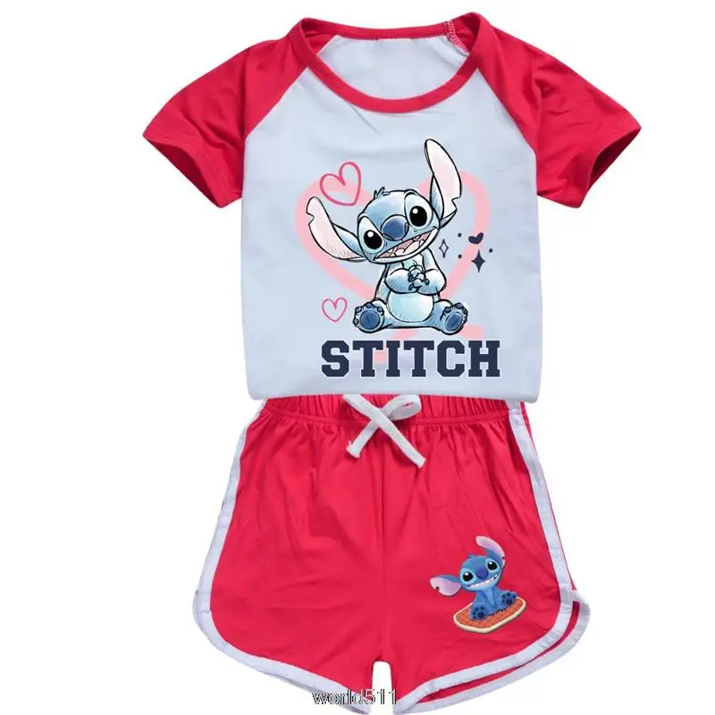 Stitch Pajamas Summer Print T Shirt Shorts Set Kids Girls Cute Cotton Sleepwear Baby Children Home Sleep Wear Clothes