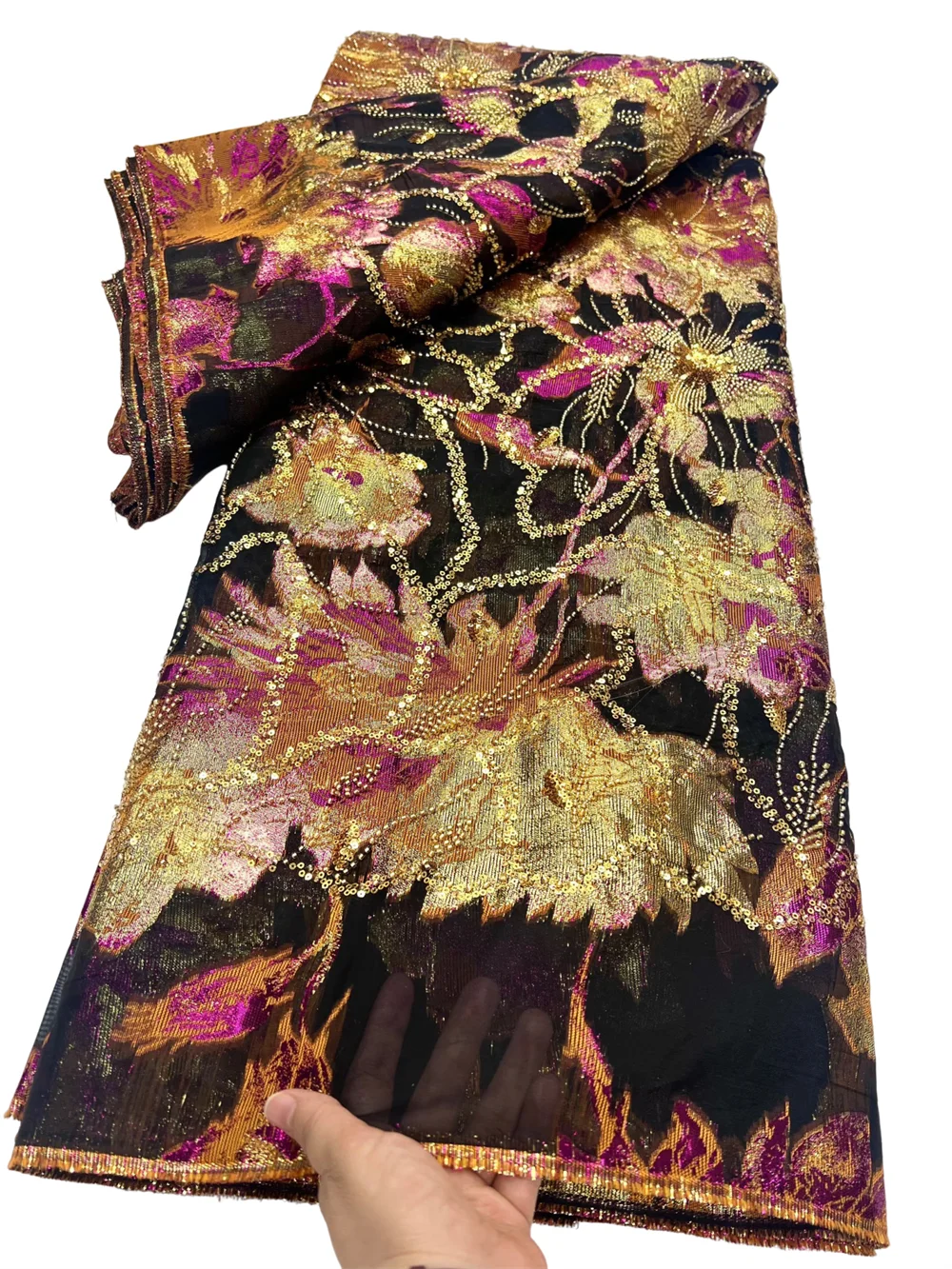 

New African Bead Sequins Jacquard Brocade Damask Fabric French Organza Net Nigerian Tulle Mesh Lace Dress Materials Tissu 5 Yard