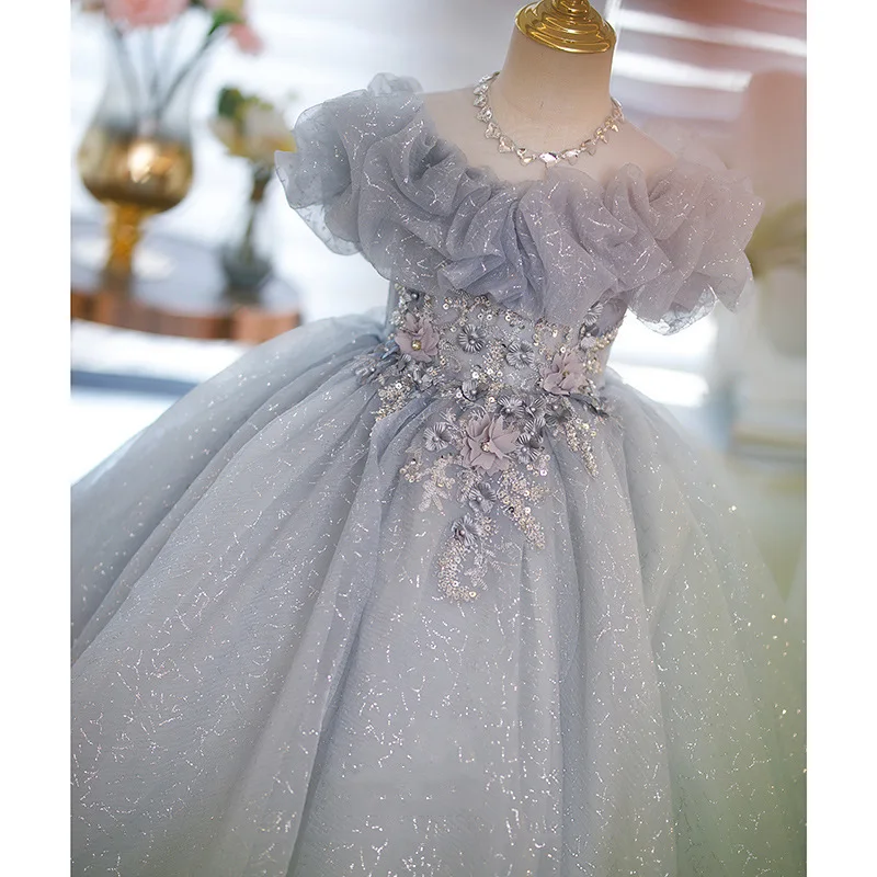 Vestido de lantejoulas infantil com pétala cinza, vestido longo princesa de baile, luxuoso vestido de casamento, festa de aniversário, bebês meninas, crianças, 1-12 anos