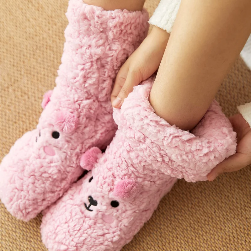 Thermal Socks Fluffy Women Winter Warm Plush Soft Female Silicone Anti Slip Non Kawaii Funny Cute Bear Short Fuzzy Socks Casual