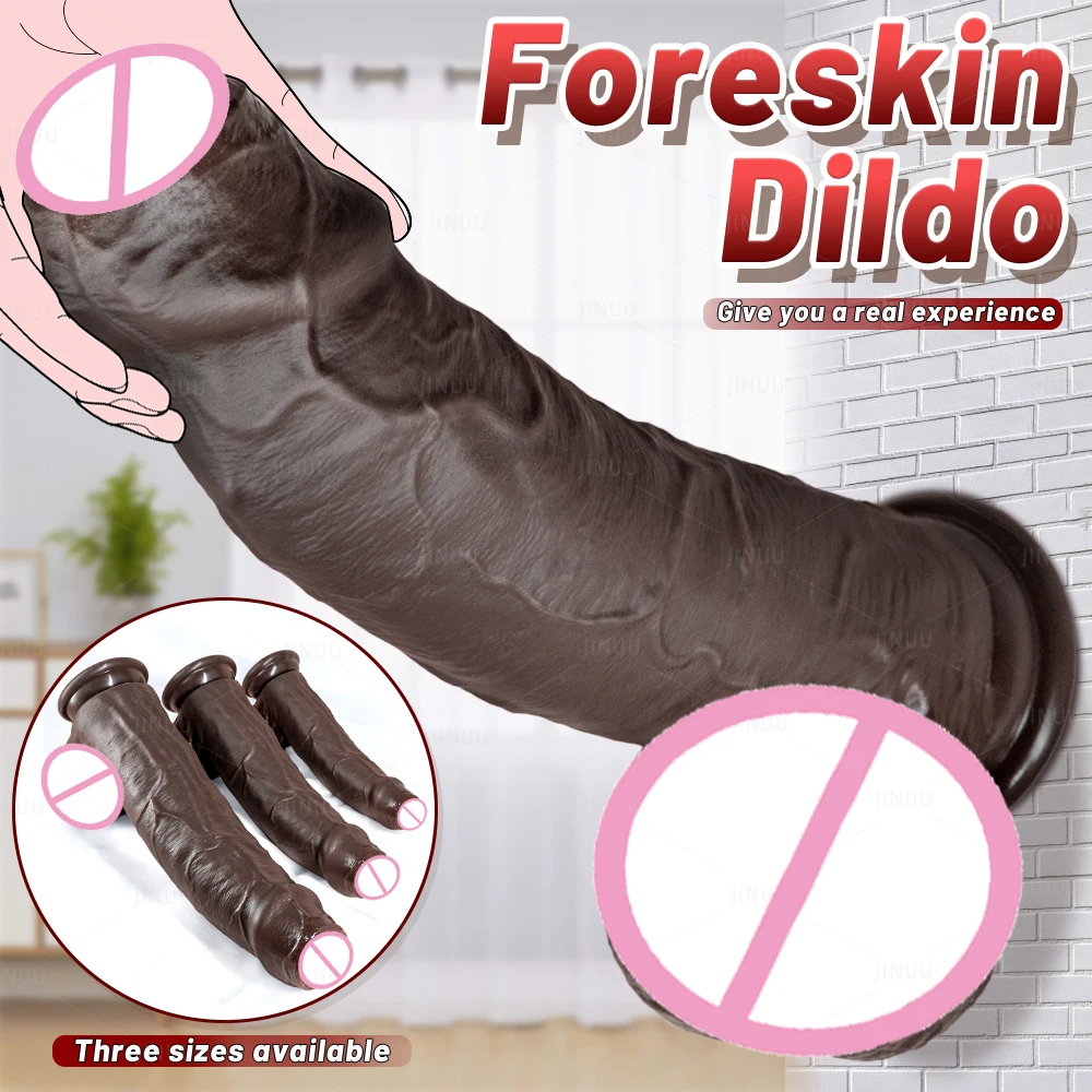 Consolador de prepucio suave para mujer, consolador negro suave y realista, piel realista, pene grande, pene de silicona, Anal con ventosa