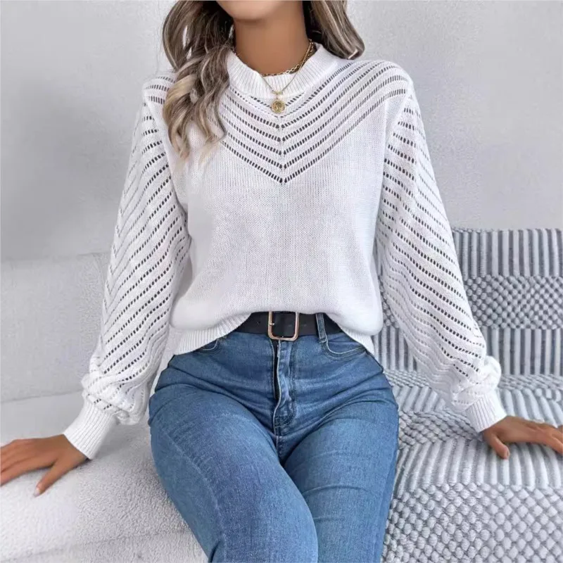 Autumn Casual Loose Solid Color Long Sleeved Sweater With Round Neck And Hollowed Out Lantern Sleeves Pullover Sweater For Women