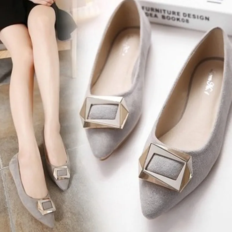 Female Flock Flats Pointy Shoes With Sequined Buckle Soft Balerinas Morados Outdoor Slip-Ons Max Size 48-33 Grey Black Wine Pink