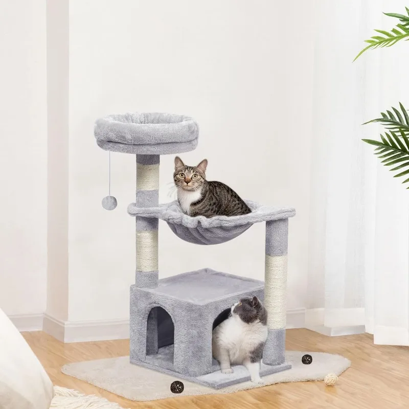 Small Cat Tree Tower with Luxury Condo, Basket Hammock for Indoor Kittens with Scratching Posts, Kittens Pet Activity Tree,