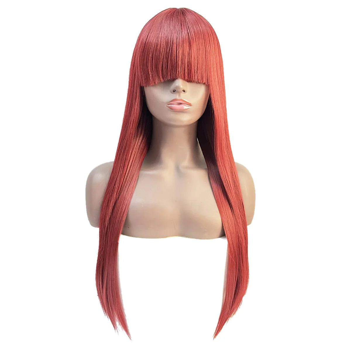 WIND FLYING Burgundy Long Straight Hair 24 Inches Wig with Bangs for Women Remy Hair Halloween Cosplay Wigs