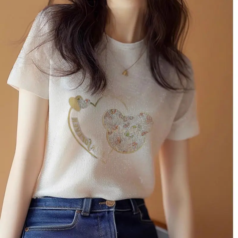 

2024 Summer New Korean Minimalist Commuter Women's Solid Round Neck Cartoon Printed Letter Sweet Loose Short Sleeve T-shirt Tops