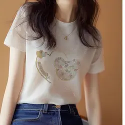 Camiseta de manga corta con estampado de dibujos animados para mujer, camisa holgada de cuello redondo, estilo minimalista coreano, 2024