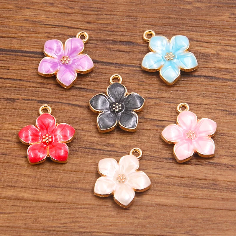 20pcs 14*16mm 6 Color KC Gold Alloy Metal Drop Oil Plant Charms Cherry Blossom Pendant For DIY Bracelet Necklace Jewelry Making