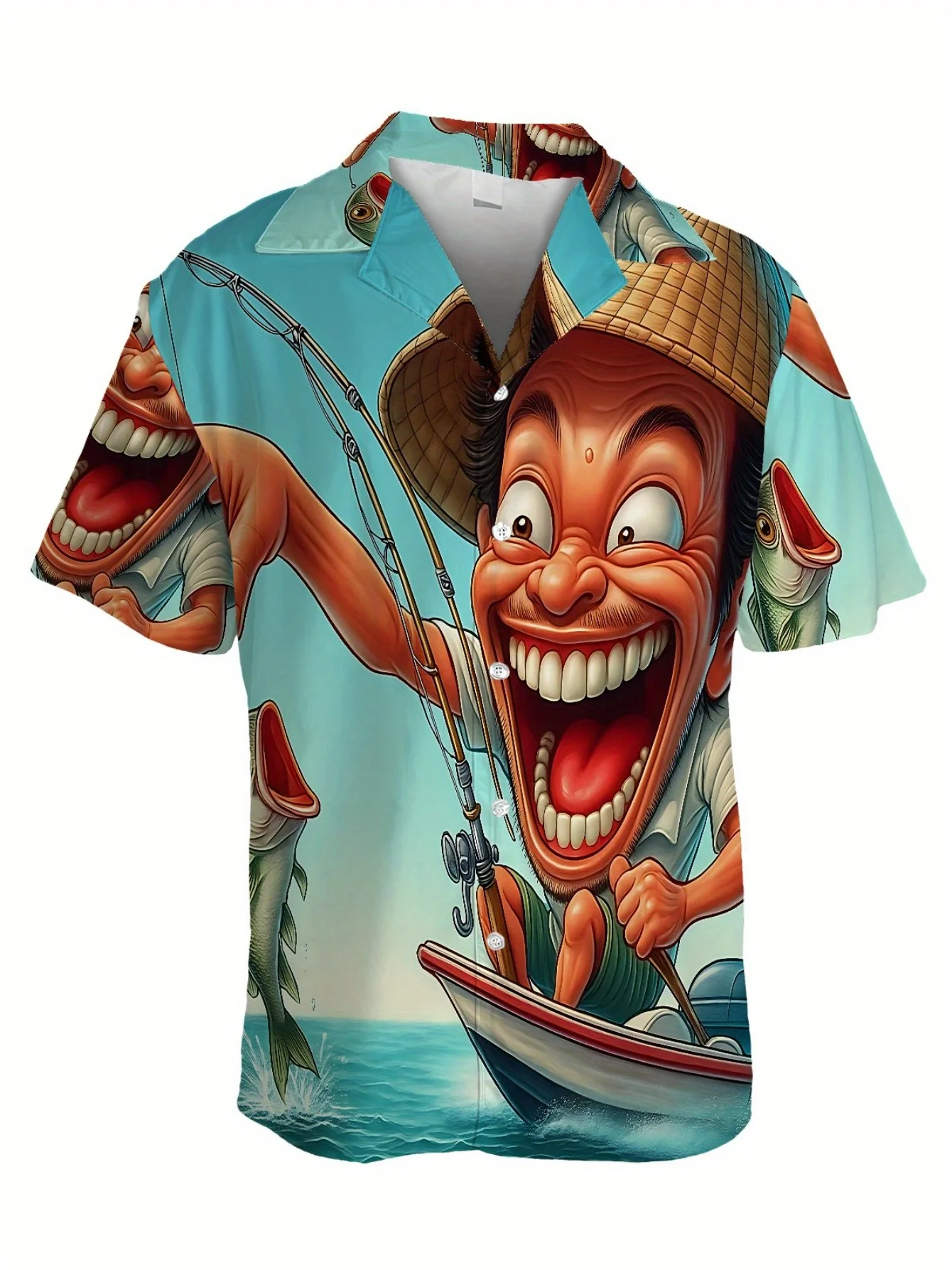 

Men'S Plus Size Shirt with Whimsical Fisherman Design - Casual Loose , Vibrant Underwater Scene Print, Perfect for Spring