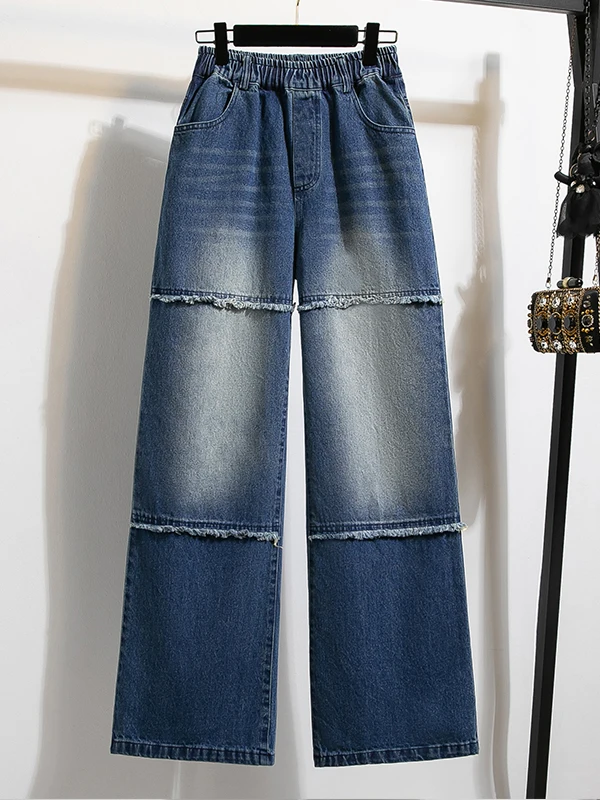 

True Blue Loose Straight Korean Version Mid-Waist Jeans New Arrival Frayed Design Women's Spring Cotton Denim Jeans