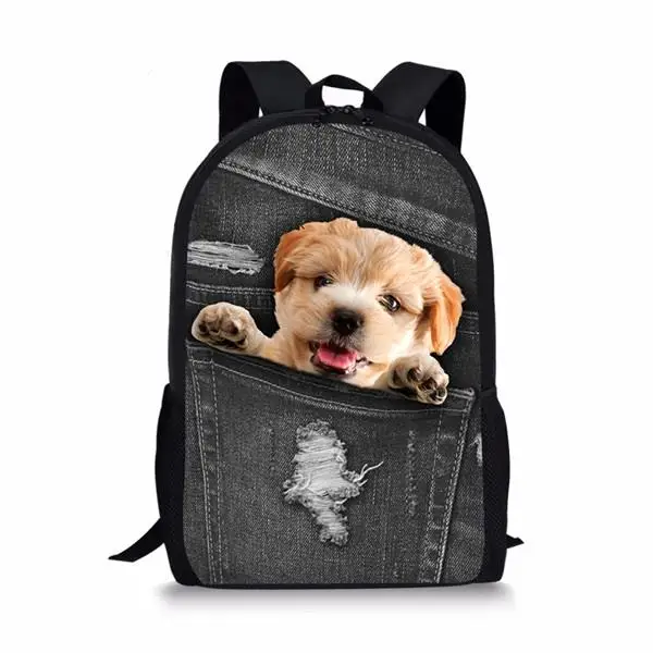 Trendy Animal Black Denim Pocket Cat/Kitten Notebook Backpacks School Bags 3D Oxford Waterproof Boys/Girls Laptop Backpacks