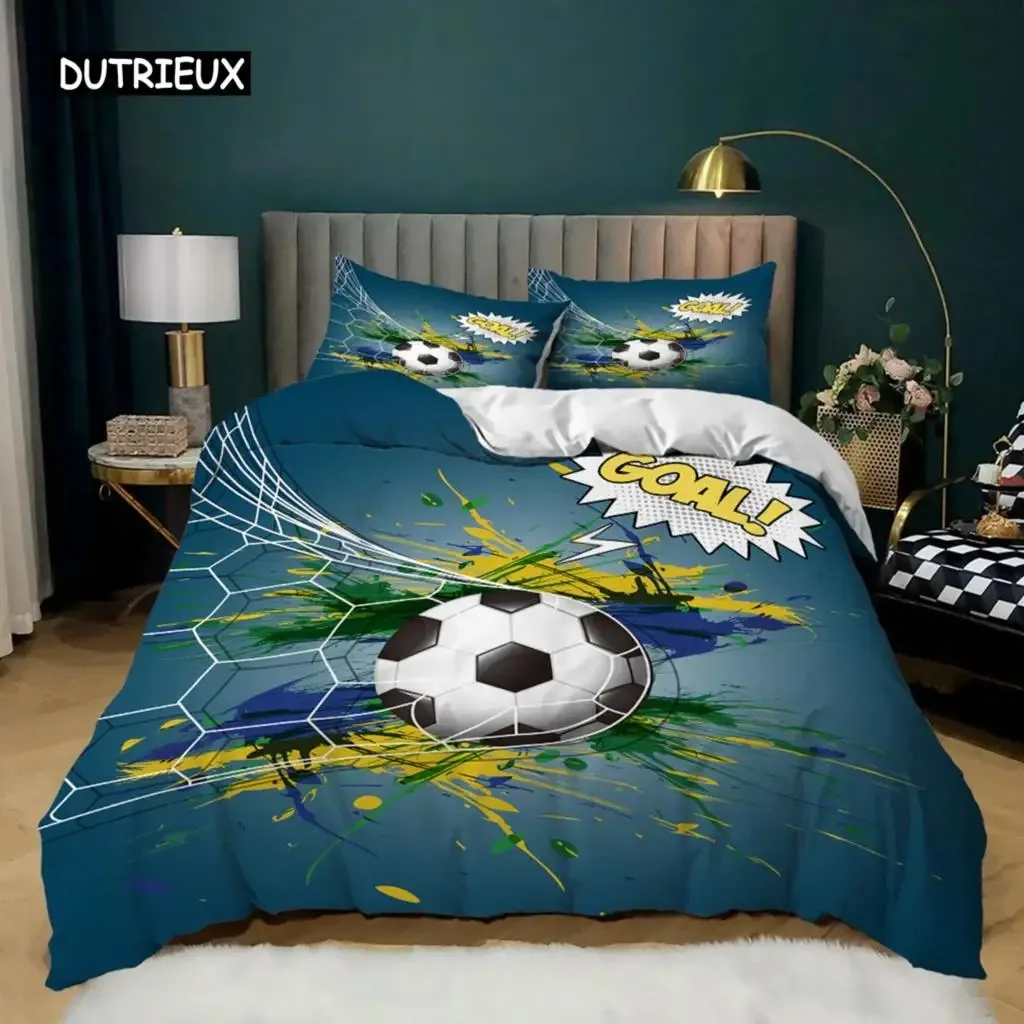 Football Black White Duvet Cover Soccer Goal Soft Bedding Set Polyester Sports Competitive Theme Ball Games for Teens Boy Decor