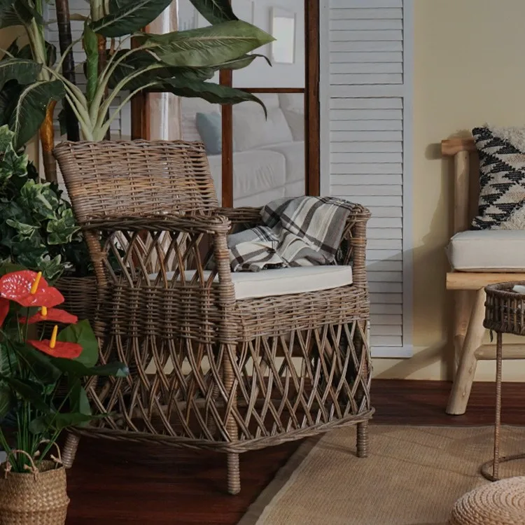 Natural B & B Balcony Courtyard Lazy Sofa Chair, Wabi Sabi Wind Retro Rattan Chair with Cushion