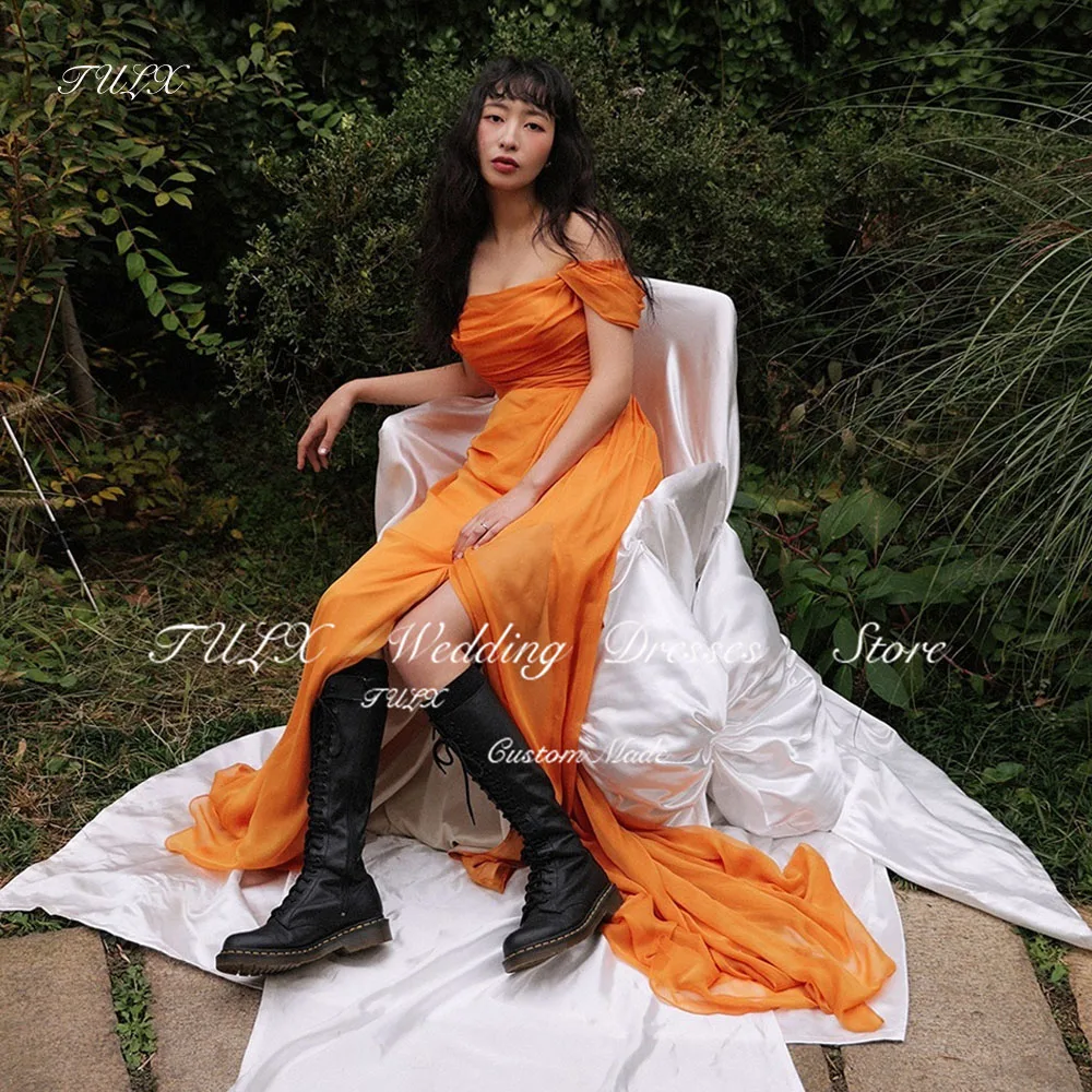 

TULX Orange Chiffon Evening Dress Off Shoulder Pleat Korea Wedding Photo Shoot Dress Long Slit Corset Party Dress Customized