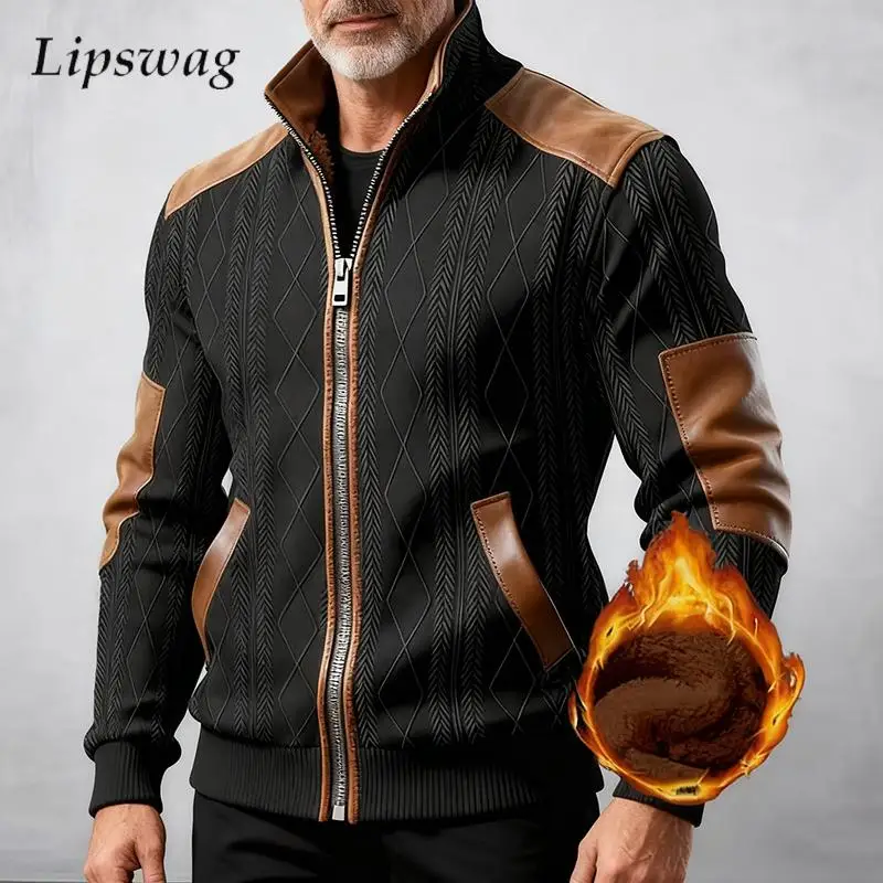 

Fashion Patchwork Jacquard Jackets Mens Autumn Winter Warm Fleece Lining Outerwear Men asual Stand Collar Zipper Jacket Coats
