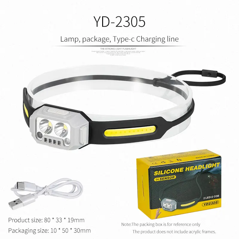 Super Bright COB LED Headlamp com sensor de movimento IR Lâmpada de silicone impermeável Luz de indução com bateria