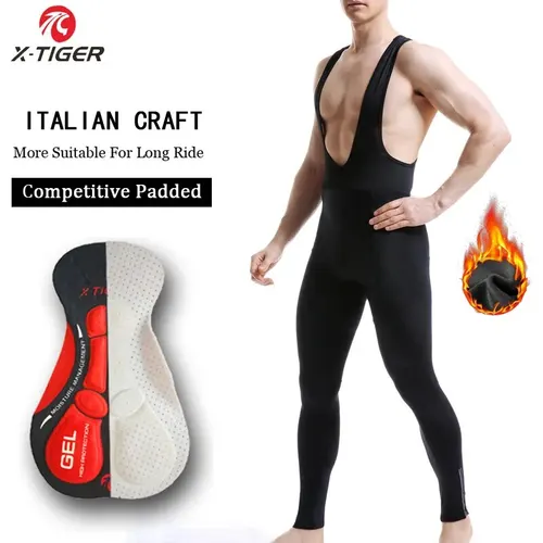 Imagen 1 del producto X-TIGER pantalones con pechera para ciclismo, pantalones térmicos de invierno para bicicleta de montaña, medias para bicicleta Coolmax 5D con almohadilla de Gel, pantalones con pechera para mantener el calor