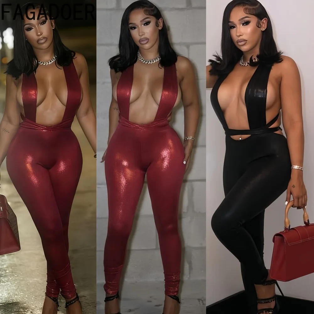 

FAGADOER сексуальный ажурный облегающий комбинезон женский с глубоким v-образным вырезом без рукавов и открытой спиной комбинезон женский уличный комбинезон