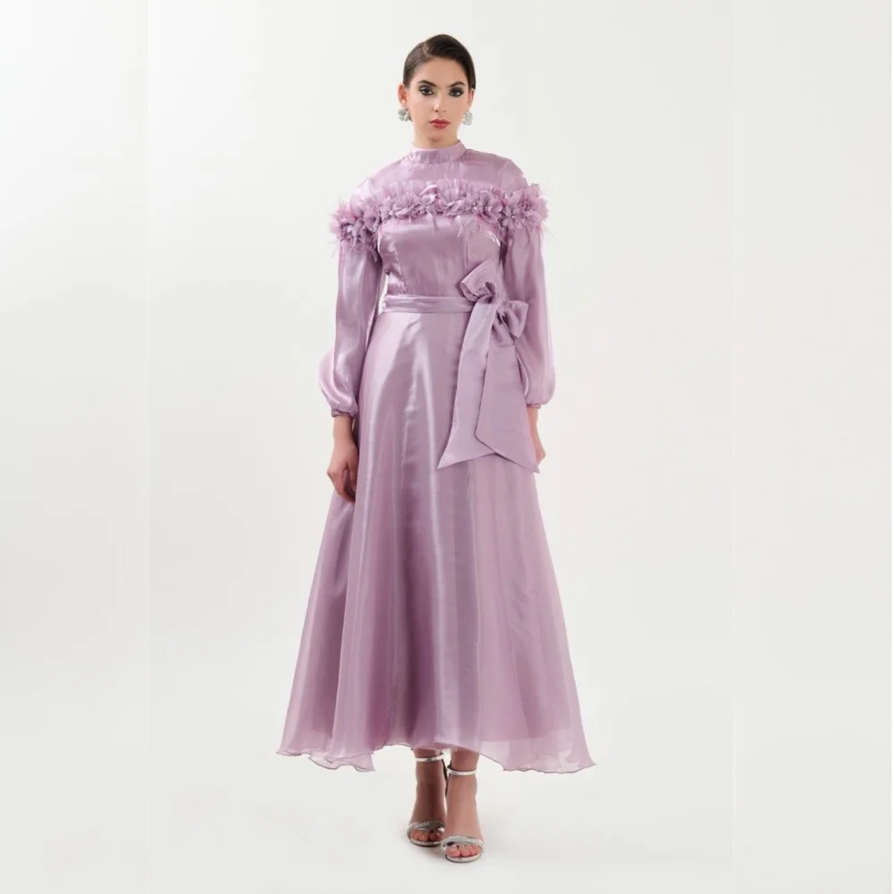 Chiffon Bow Engagement A-line High Collar Bespoke Occasion Gown Midi Dresses