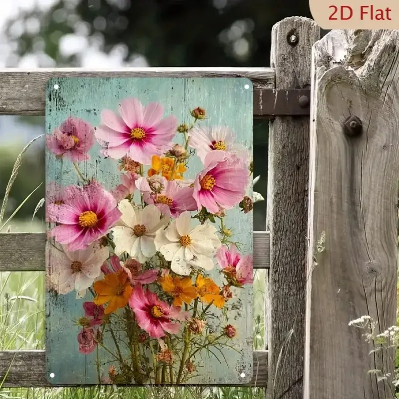 1pc Vintage Cosmic Floral Metal Wall Art Aluminum Sign- 8x12inch Rustic Turquoise Blue Iron Finish Texture Pink White Yellow