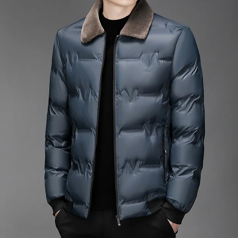 High Quality Jacket Cotton Coat Men's Solid Color Hatless Wool Collar Cotton Parkas Winter Windproof and Warm