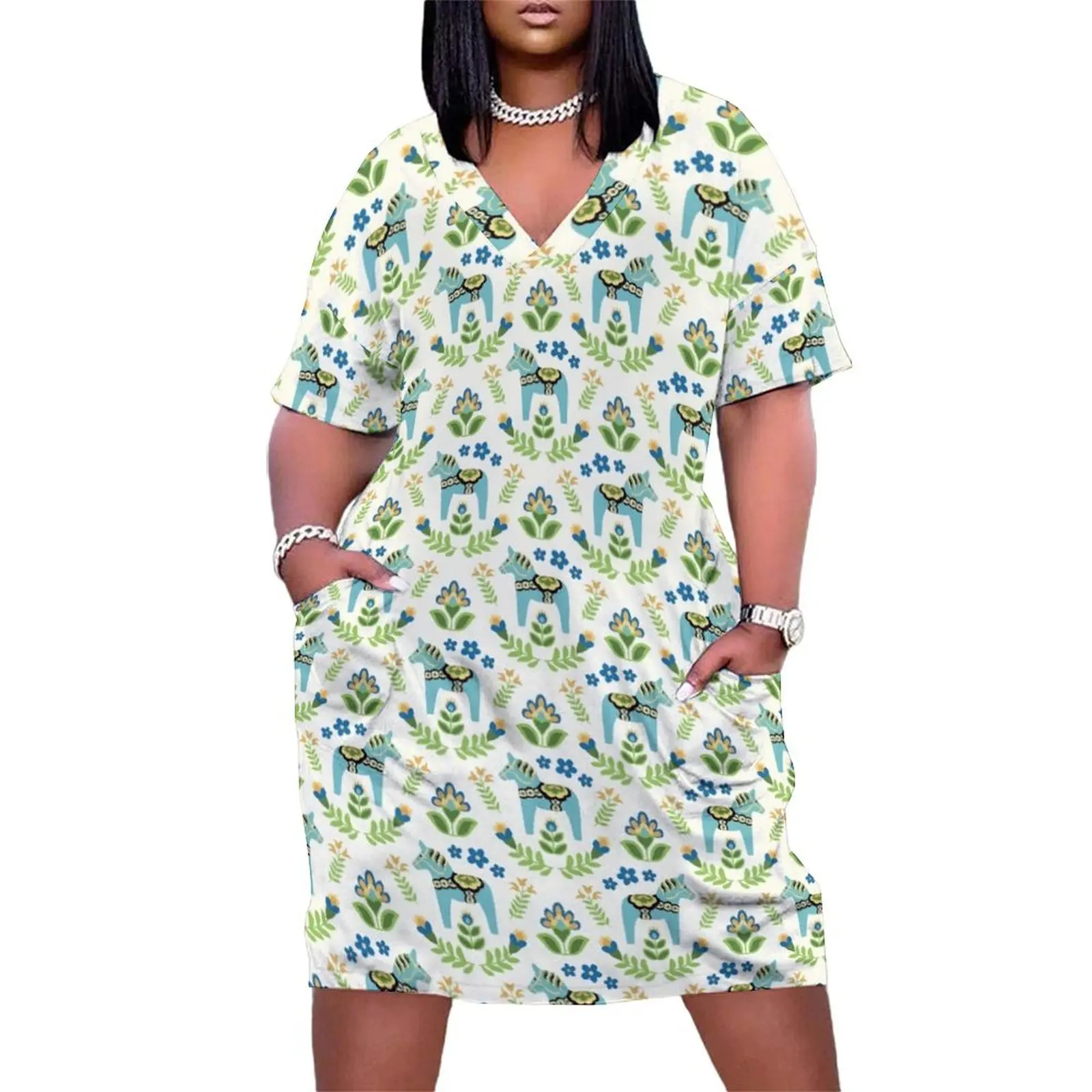 

Swedish Dala Horses Teal Loose Pocket Dress dresses for woman women clothes elegant chic women dresses promotion