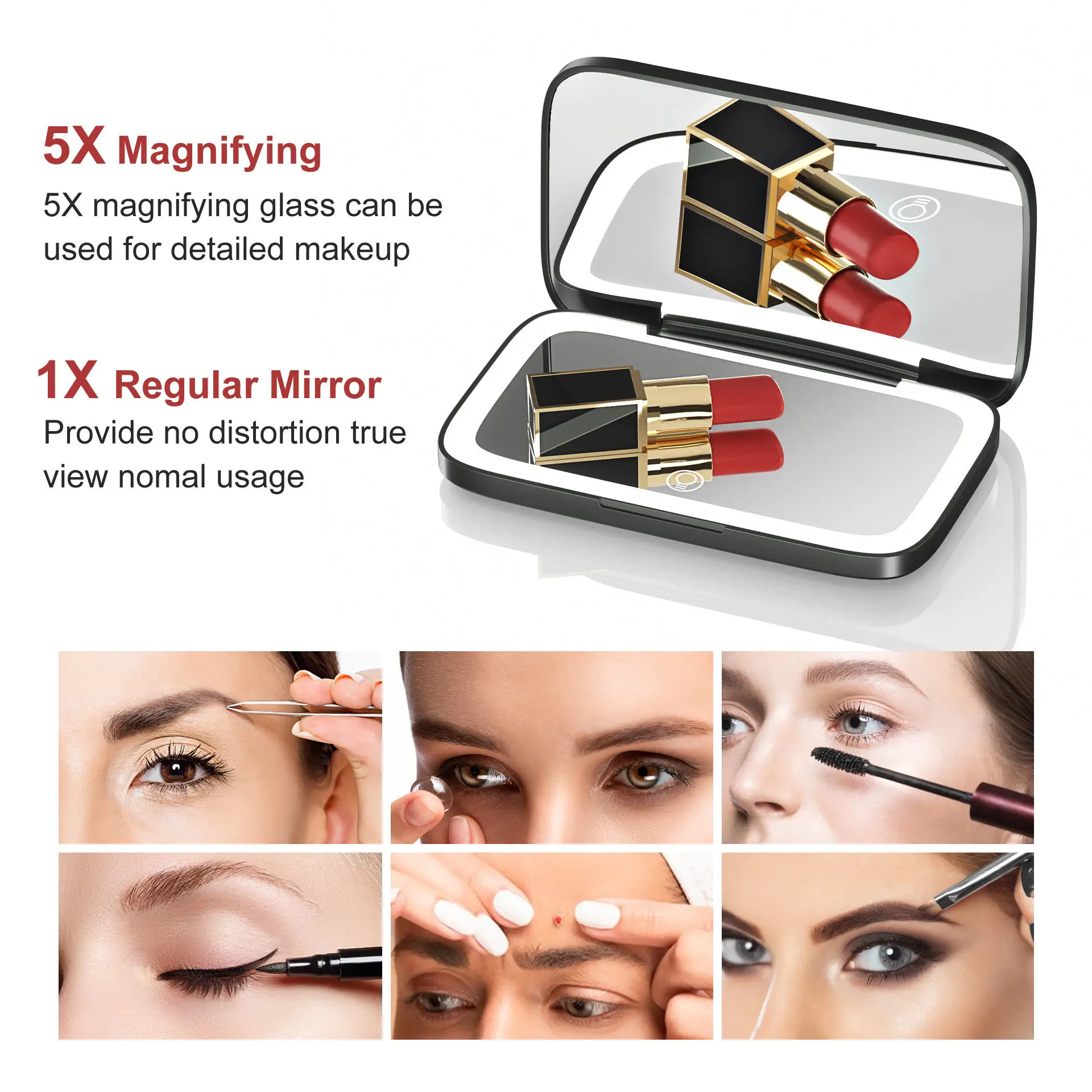 Rectangular 5x Magnifying Mirror 3 Color LED Lights Rechargeable Dimmable Handheld Travel Mirror Dual Personalized Small Lighted