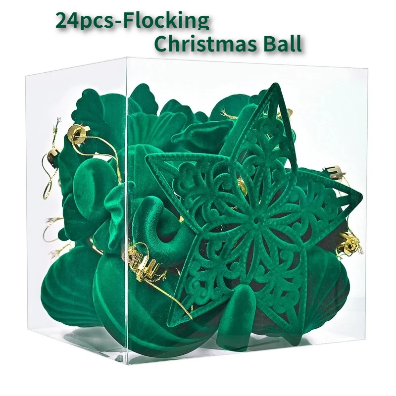 24PCS Flocking Christmas Balls Special-shaped Luxury Xmas Decorative Hanging Ornaments Party Christmas Spheres Pendant 2025 New