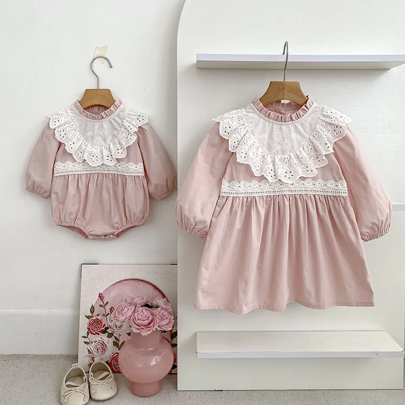 Autumn Korean Style Girls' Ruffle Neck Long Sleeve Princess Dress Infant Romper Sister Outfit Cotton Breathable Toddler Clothes