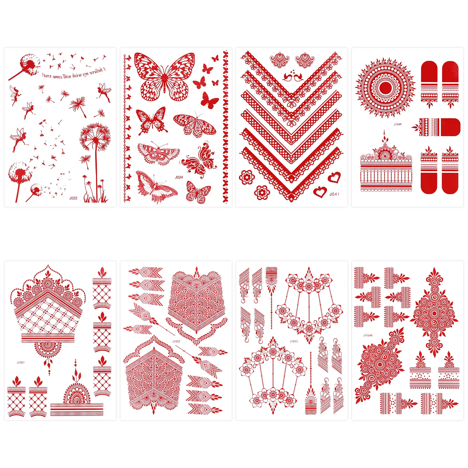 Henna Stencils, 8 Pcs Mehndi Stickers Henna Semi Permanent Butterfly Red Flower Template for Dating Grooming Beach Young Girls