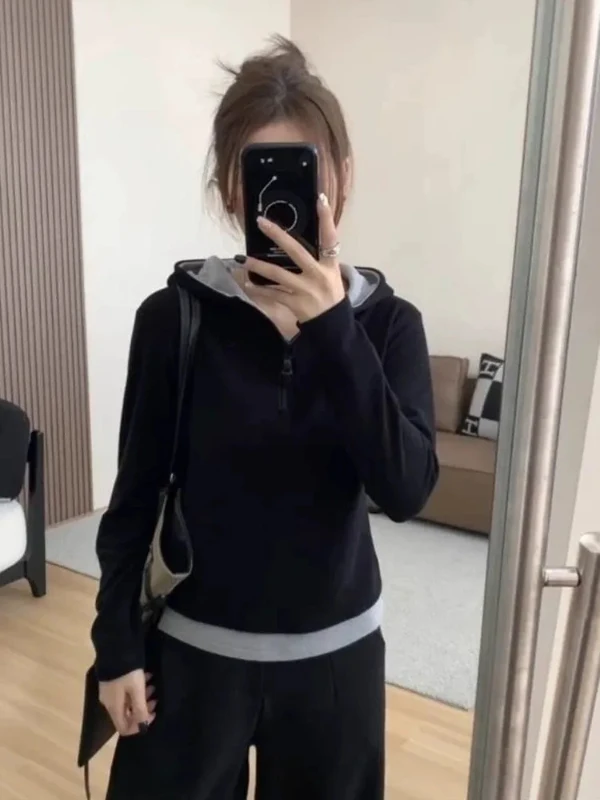 

Утепленная черная толстовка с цветными блоками для скрытия живота, осенне-зимняя верхняя одежда, повседневная, удобная, свободного кроя