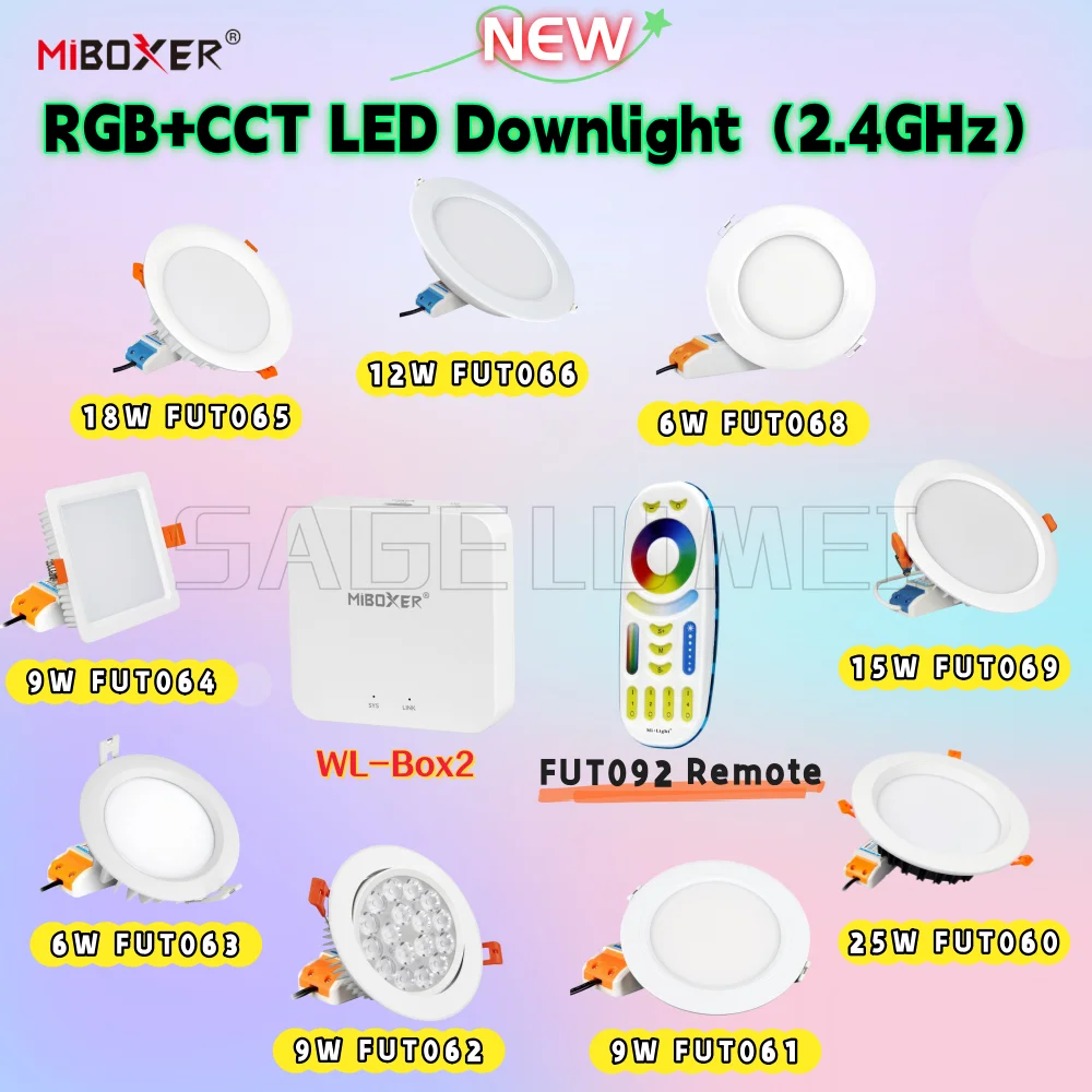 

New Mi Light MiBoxer RGB+CCT Dimmable Downlights & Remote & Smart Gateway FUT060-066/068/069(6/9/12/15/18/25W) FUT092 WL-Box2
