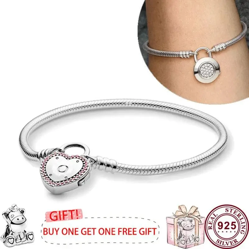 Hot Selling 925 Sterling Silver Shining Love Heart Oath Original Women's Logo Padlock Bracelet Engagement DIY Charm Jewelry