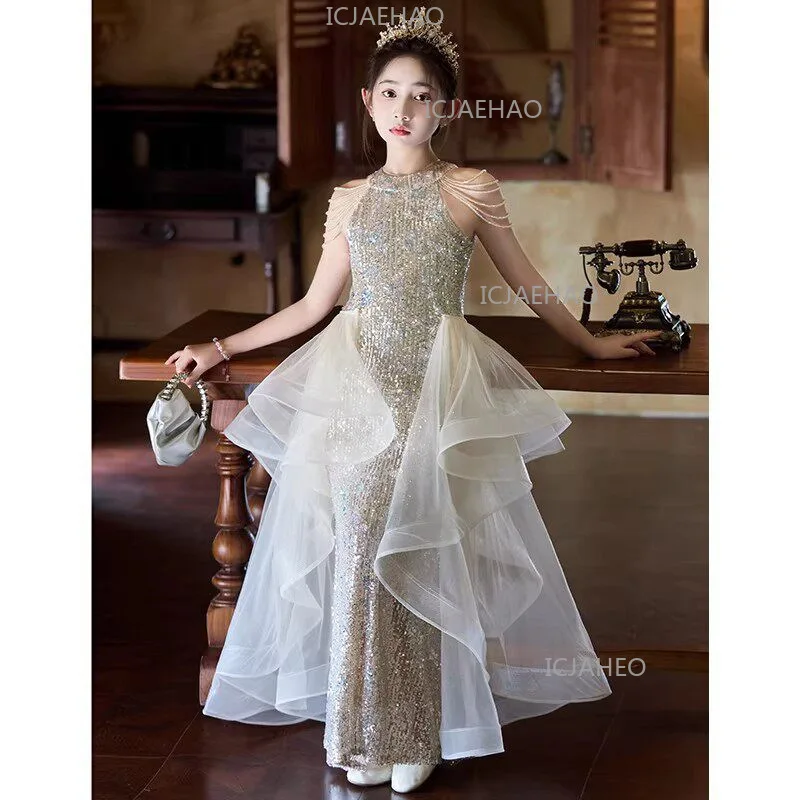 

Girls Mermaid Dress Luxury Sequins Gorgeous Birthday Princess Gown Kids Host Catwalk Piano Performance Costume Children Dress