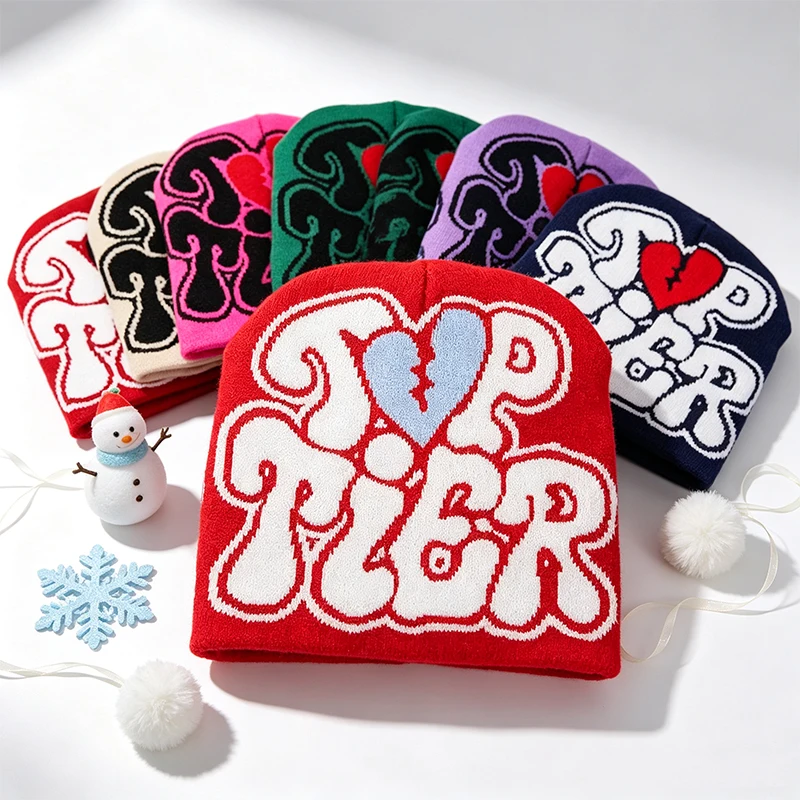 Y2K Broken Heart Letter Print Knit Beanie Hat Warm Soft Winter Skull Cap Hip Hop Street Style Cuffed Beanie Hat for Men Women