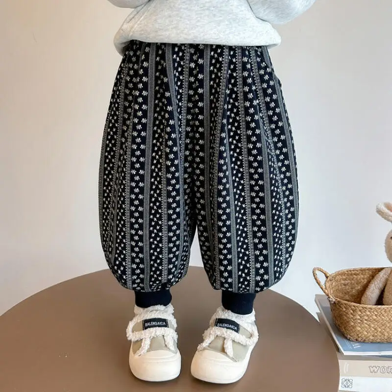 

Осенне-зимние утепленные брюки для девочек, брюки с эластичной резинкой на талии, детские универсальные кавайные модные новые повседневные домашние одежды, одежда