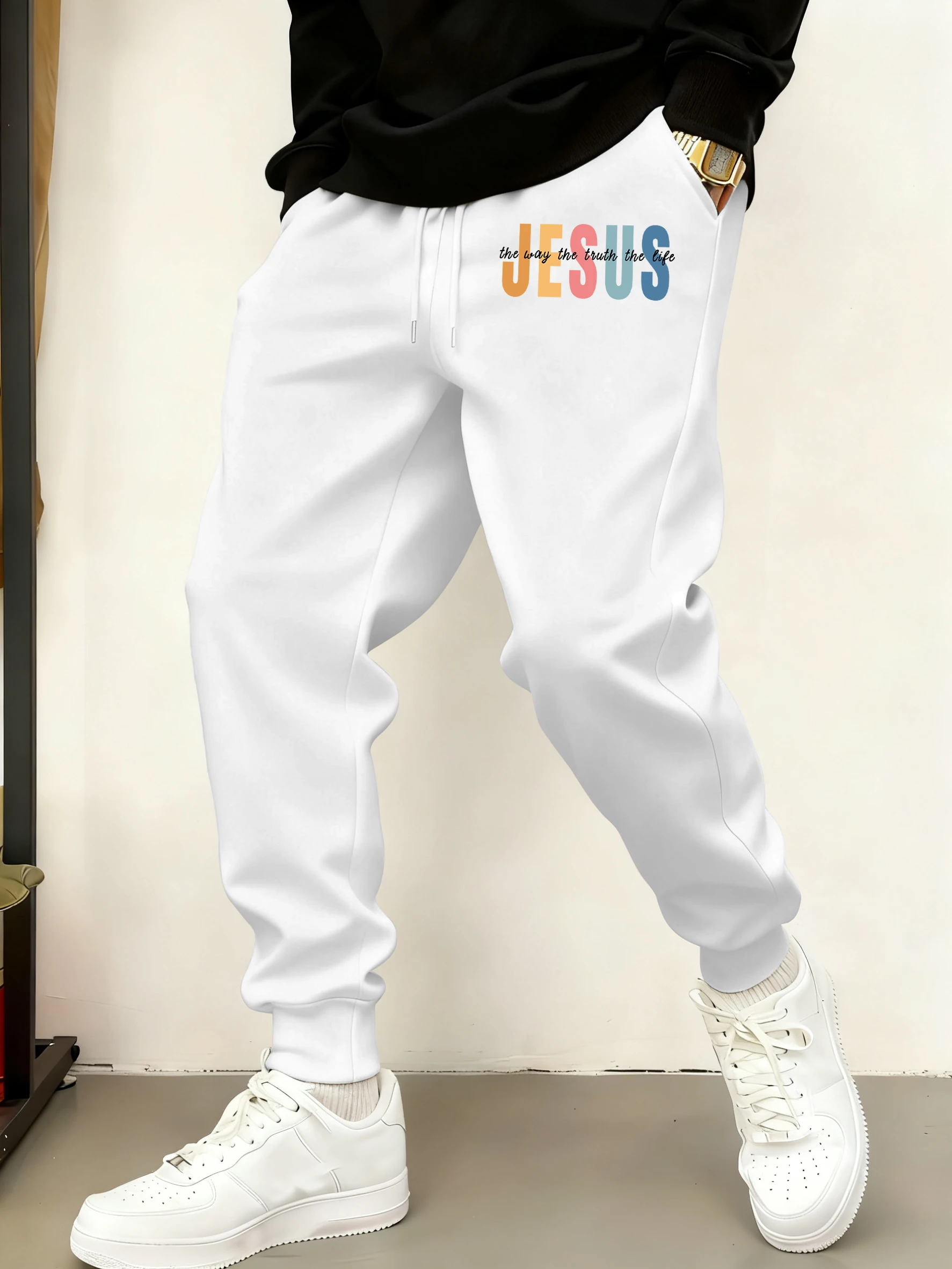 

Jesus Color Letter Creative Prints Basics Casual Sportpants Man Soft Warm Britches Pocket Fleece Trousers Comfy Street Long Pant