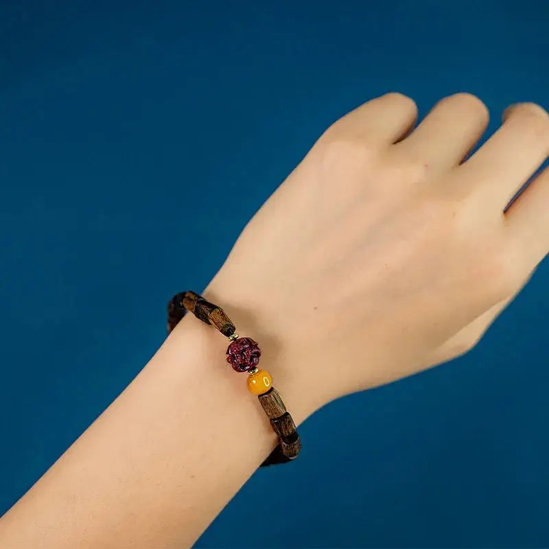 UMQ Natural Tarakan Agarwood Bracelet Purple Gold Sand Cinnabar Twelve Zodiac Couple Submerged Type with Shape Buddha Beads