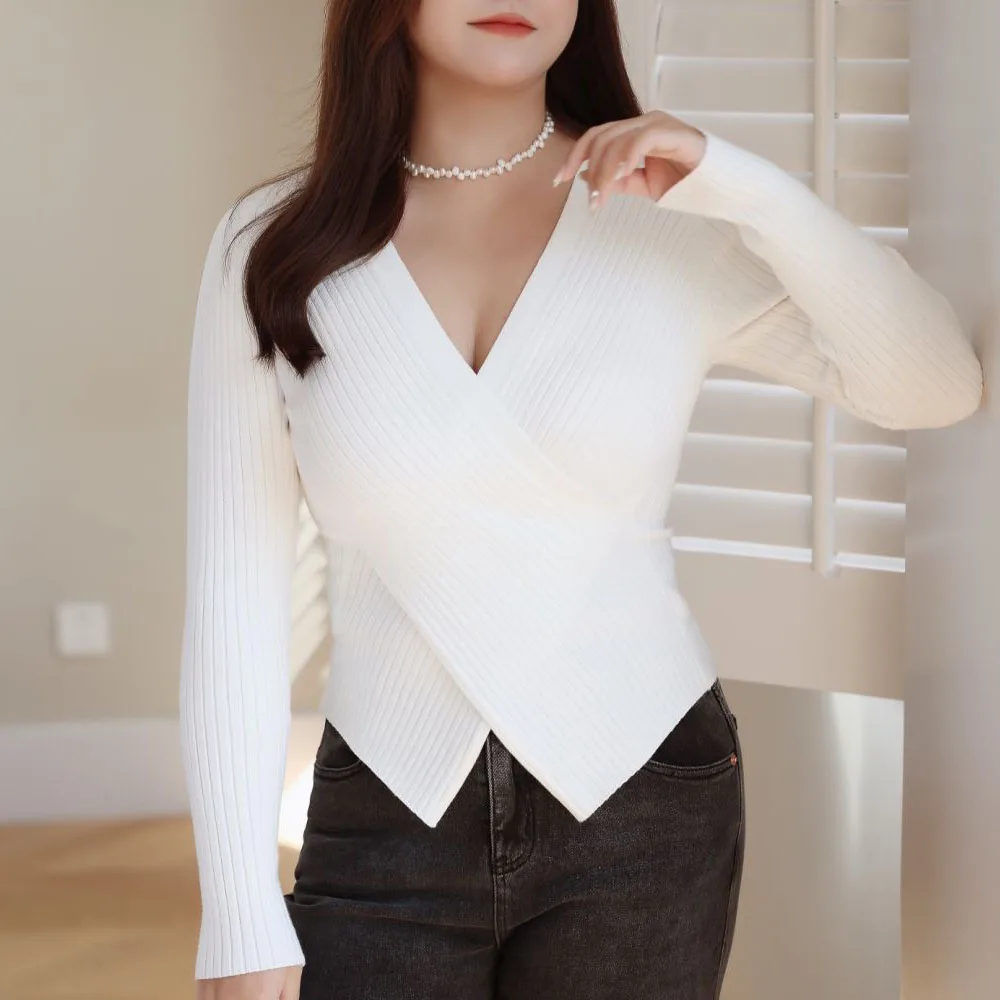 XXXXL Fashion Plus Size Women's Sweater Premium Cross V-Neck Knitted Pullover Gentle Sexy Slim Jumper Autumn Winter 8775
