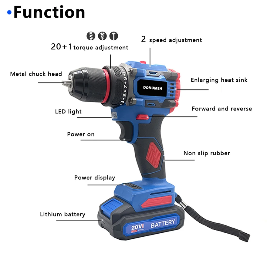 DONUMEH 20V Cordless Brushless Electric Drill Electric Screwdriver Big Torque  Metal Collet Rechargeable Lithium Battery