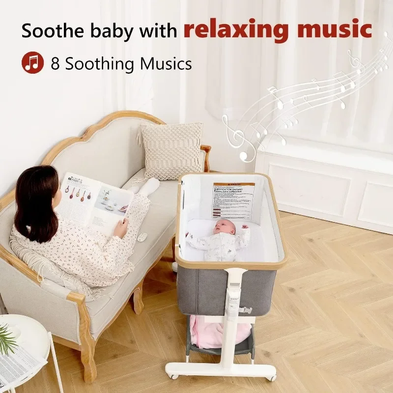 Baby Electric Automatic Bedside Sleeper Rocks Itself 3 Motion Auto Rolling Newborn Cradle 5 Height Adjustable with Music,