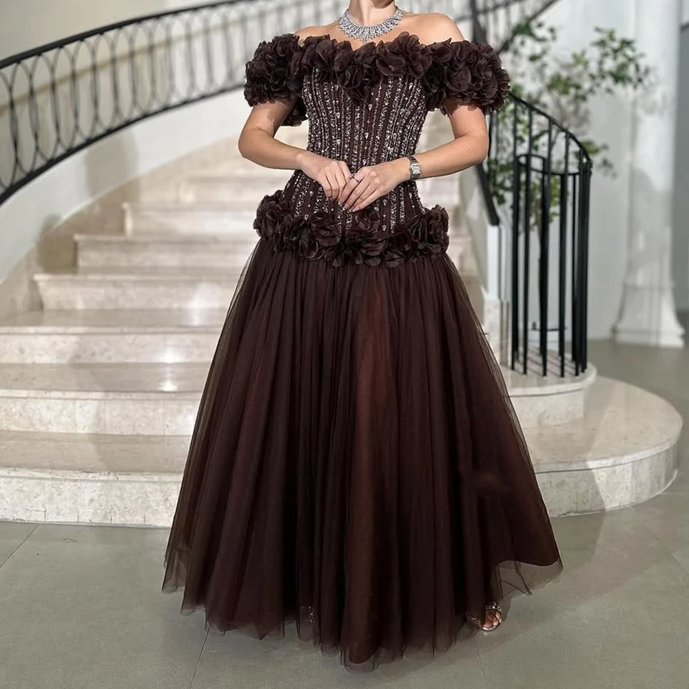 

Вечерние платья трапециевидной формы по индивидуальному заказу, длиной до щиколотки, с открытыми плечами, без рукавов, платье для выпускного вечера, модное драпированное вечернее платье с цветами и блестками