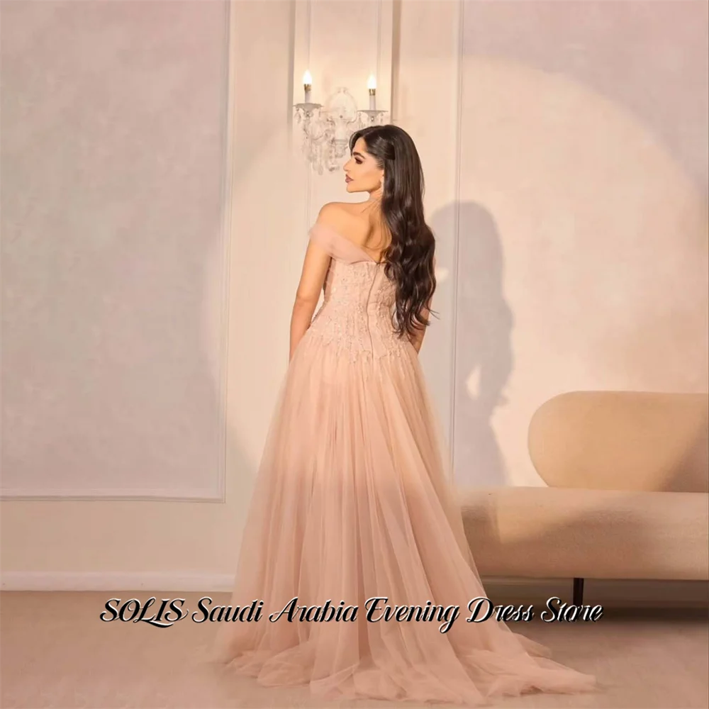 SOLIS Blush Pink Party Dress Off the Shoulder Evening Dresses Beading On Chest Party Gown Tulle Prom Gown for Women Customized
