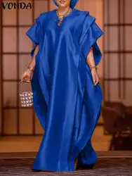 VONDA Oversize Women Maxi Dress Elegant Short Sleeve Ruffled Satin Silk Party Sundress 2024 Casual Loose Solid Color Summer Robe