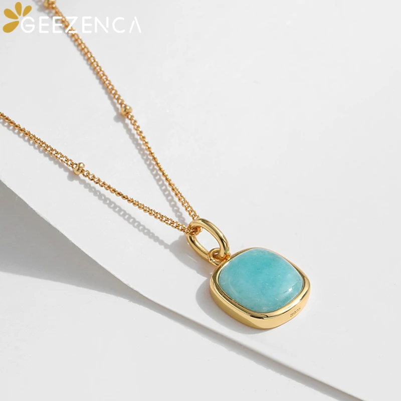 GEEZENCA Natural Amazonite 925 Silver Pendant Necklace For Women Luxury 18k Gold Blue Stone Minimalism Chic Necklaces 2024 New