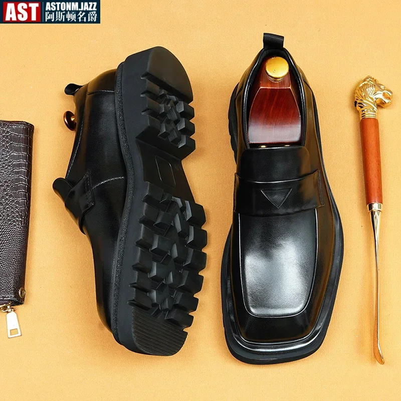 

Genuine Leather Mens Platform Loafers Handmade Monk Strap Wedding Party Casual Dress Shoes Summer Autumn Footwear for Men